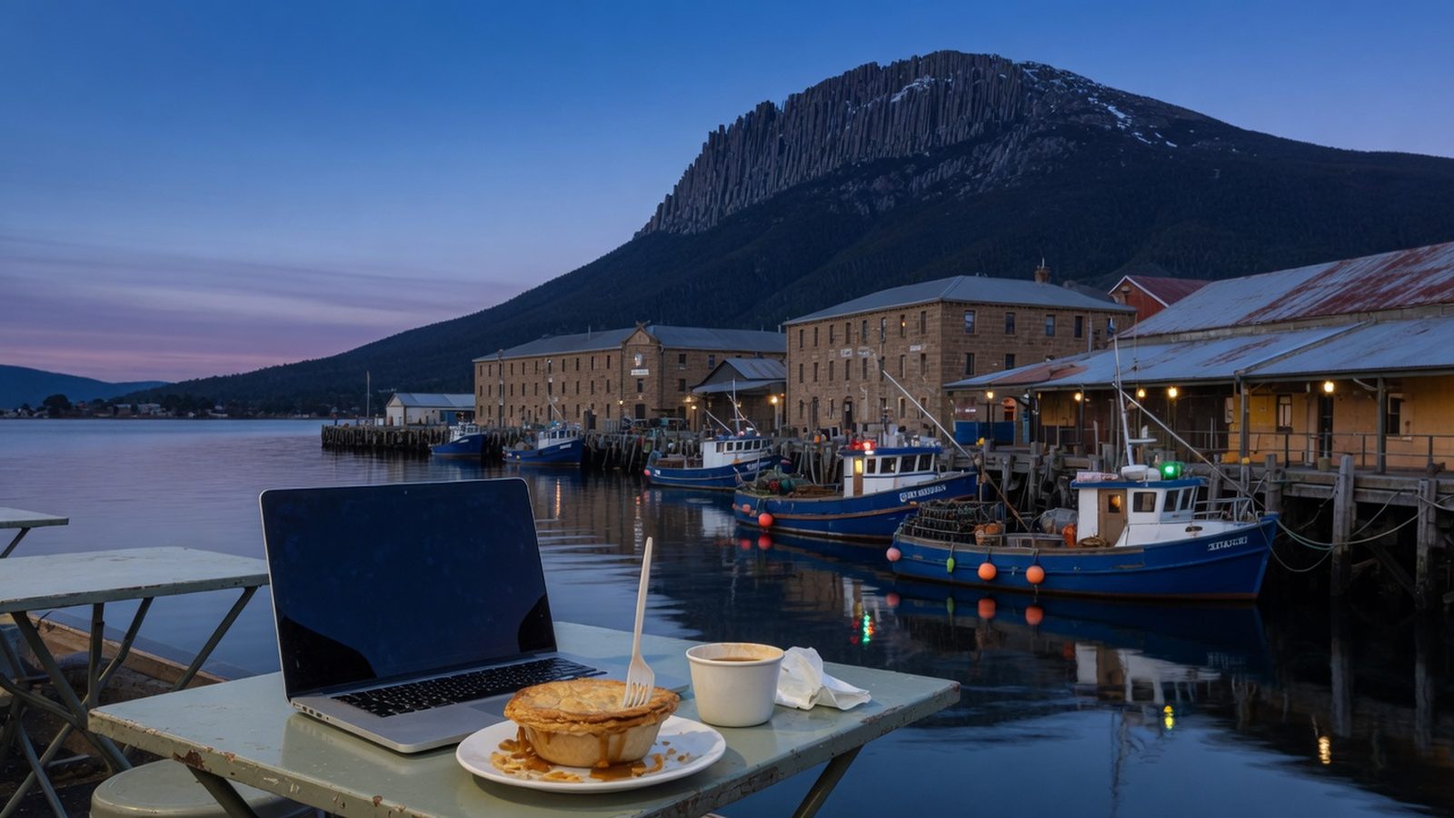 Café table by Hobart harbour at blue hour with a laptop